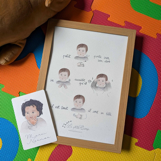 Affiche comptine signée illustrée par La p'tite Ourse sur fond coloré avec une carte merci nounou