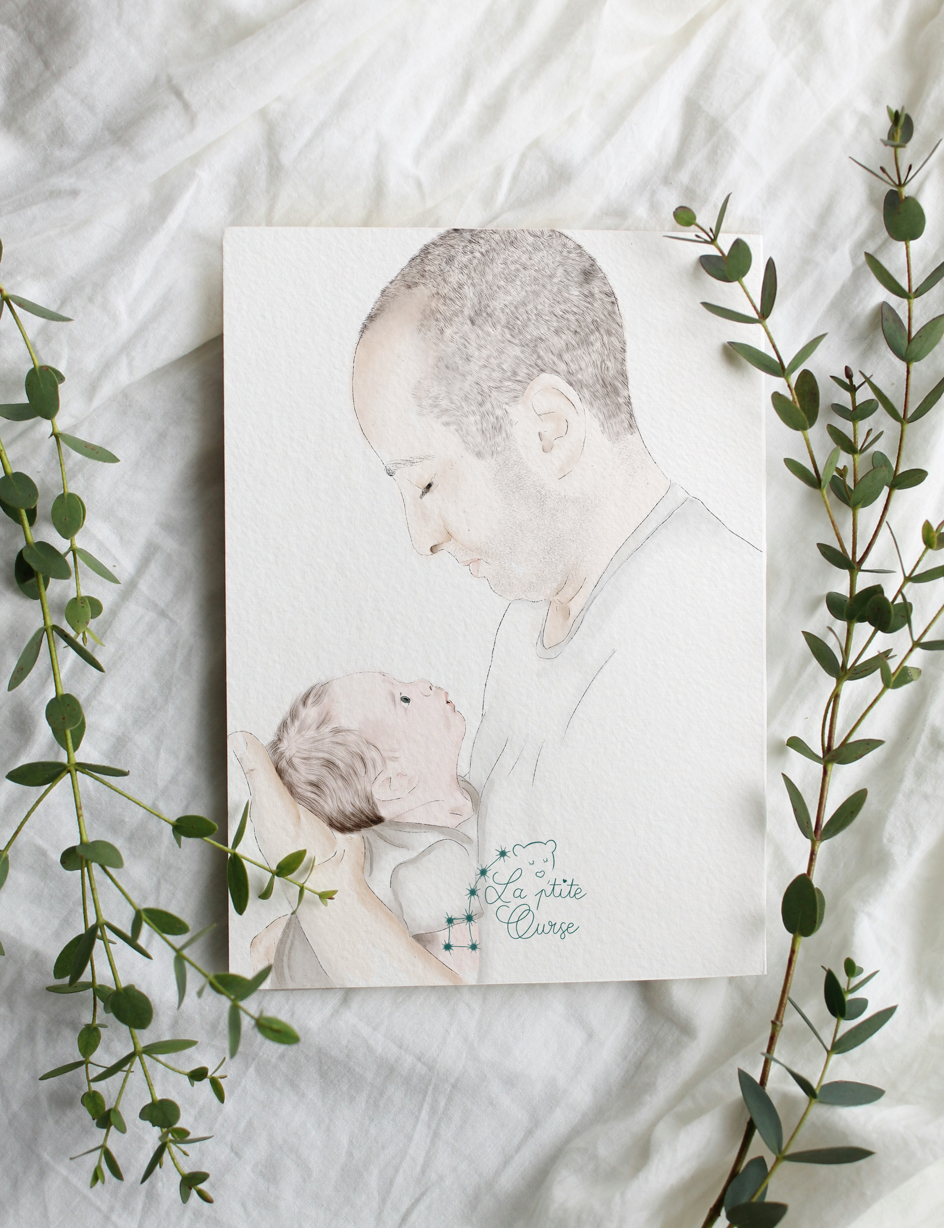 Illustration d'un bébé et son papa les yeux dans les yeux aquarelle numérique par La p'tite Ourse souvenir portrait lacté