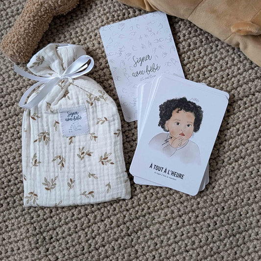 signer avec bébé carte bébé signe à tout à l'heure pochon feuillage