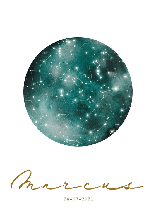 Image de la lune carte du ciel affiche à partir d'une aquarelle originale avec carte du ciel le jour de la naissance