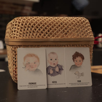 Les cartes bébé signe à table, fromage, pâtes, pain