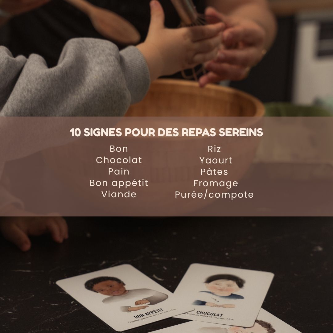 les signes du repas cartes bébé signe bon, chocolat, pain bon appétit, viande, riz, yaourt, pâtes, fromage, purée, compote