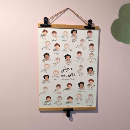 Affiche de bébé signant dans une chambre de bébé décorée avec des illustrations aquarelles numériques.