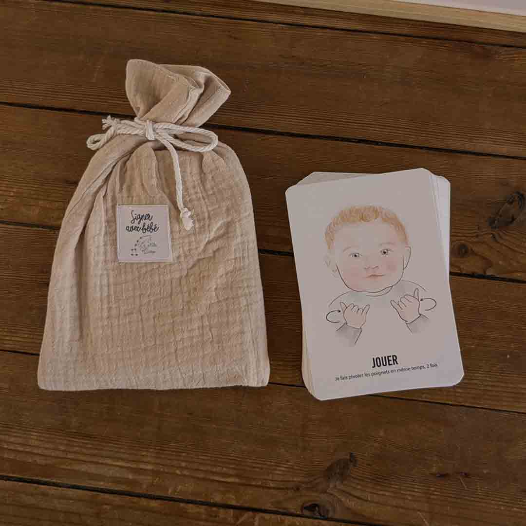 pochon lin, carte pour apprendre le bébé signe