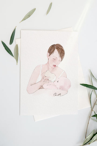 Portrait d'une maman donnant de biberon à son bébé présenté sur fond blanc avec des feuilles d'olivier